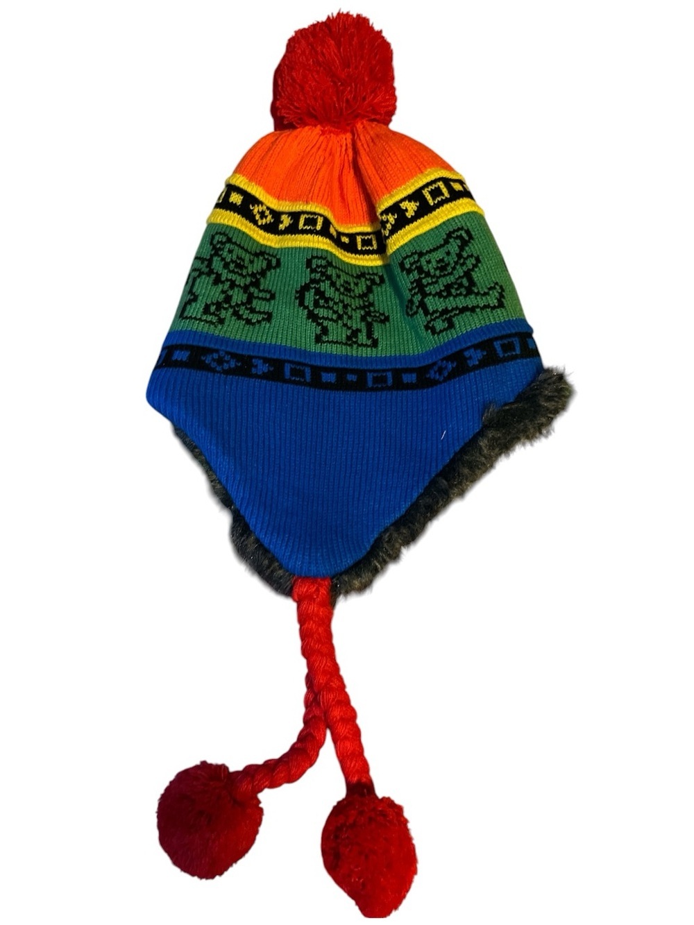 Grateful Dead Rainbow Knit Pom-Pom, Faux Fur Lined Flap Hat with Tassels - NWT - Picture 1 of 9